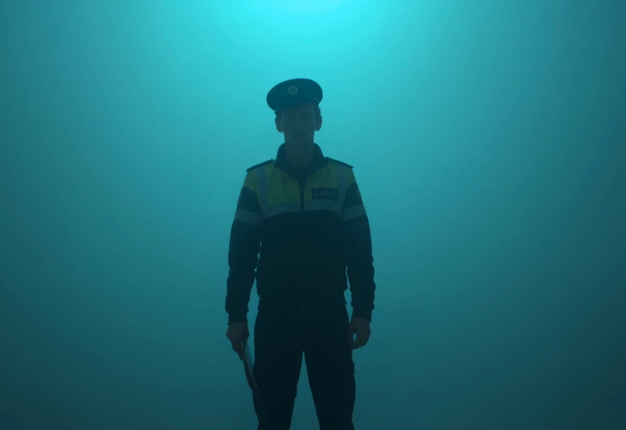 An Garda Síochána officer stands facing forward in a peaked cap and a black uniform with a high-visibility yellow and reflective panel across the chest, the word GARDA visible on a badge. He is centred against a hazy teal-blue background lit from above, creating a moody, atmospheric silhouette effect.